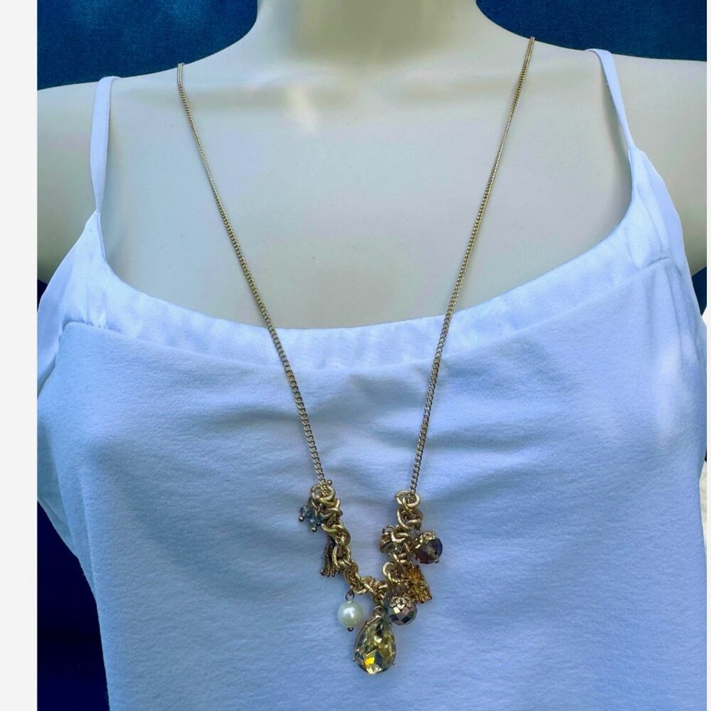 Vintage Gold Charmed Necklace With Crystals, Faux Pearls and Tassel 30” Long - Picture 7 of 8